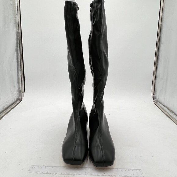 Black Women Stylish Square Toe Block Low Heel Side Zipper Knee High Riding Boots - Picture 1 of 6